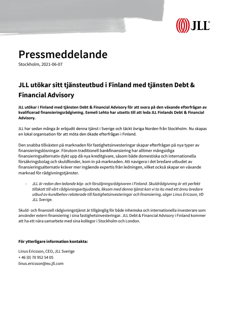 JLL utökar sitt tjänsteutbud i Finland med tjänsten Debt & Financial Advisory