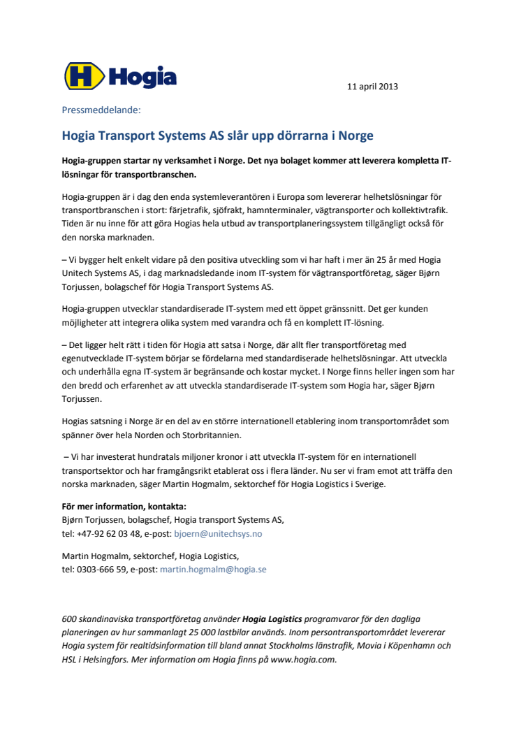 Hogia Transport Systems AS slår upp dörrarna i Norge