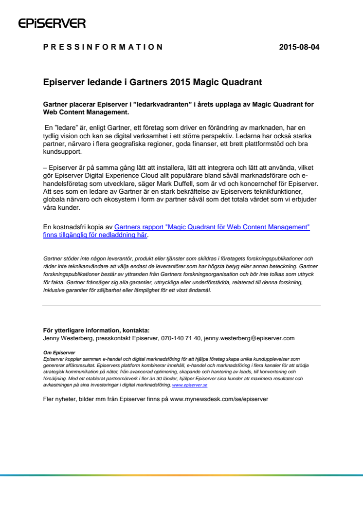 Episerver ledande i Gartners 2015 Magic Quadrant