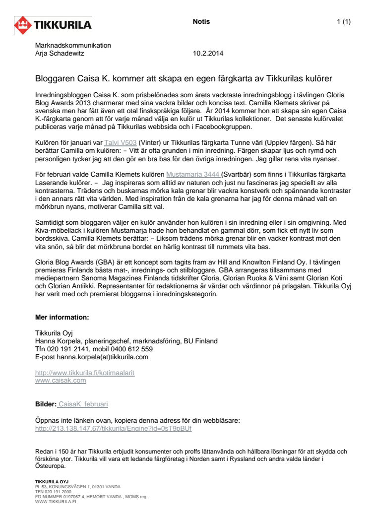 Bloggaren Caisa K. kommer att skapa en egen färgkarta av Tikkurilas kulörer