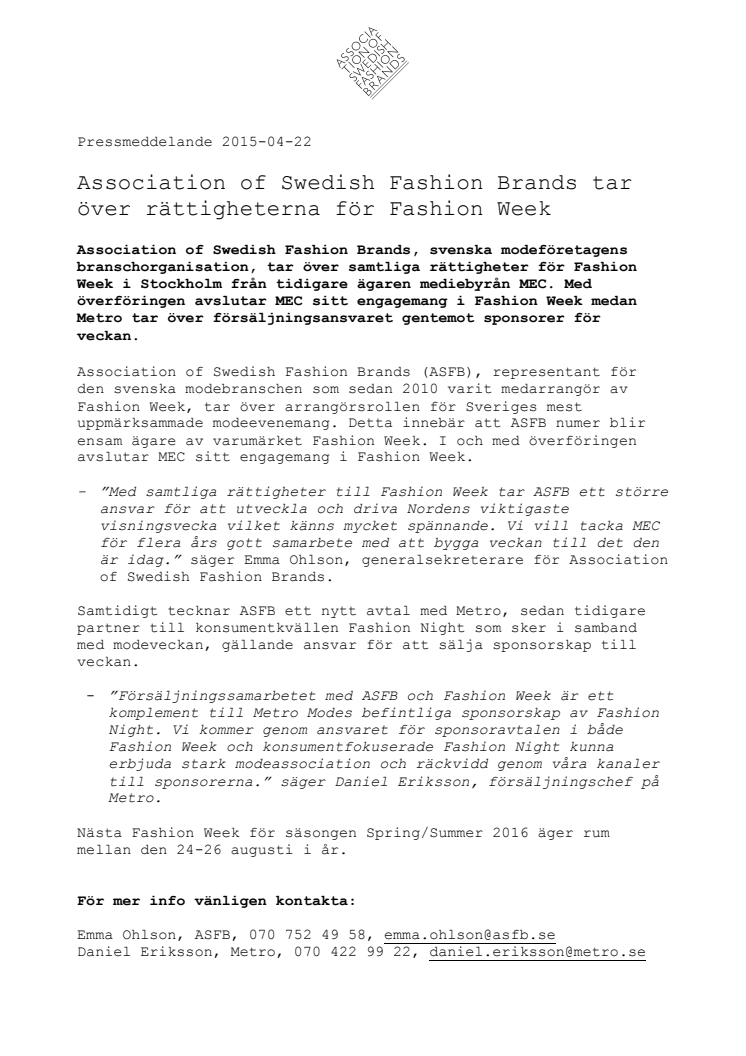 Association of Swedish Fashion Brands tar över rättigheterna för Fashion Week