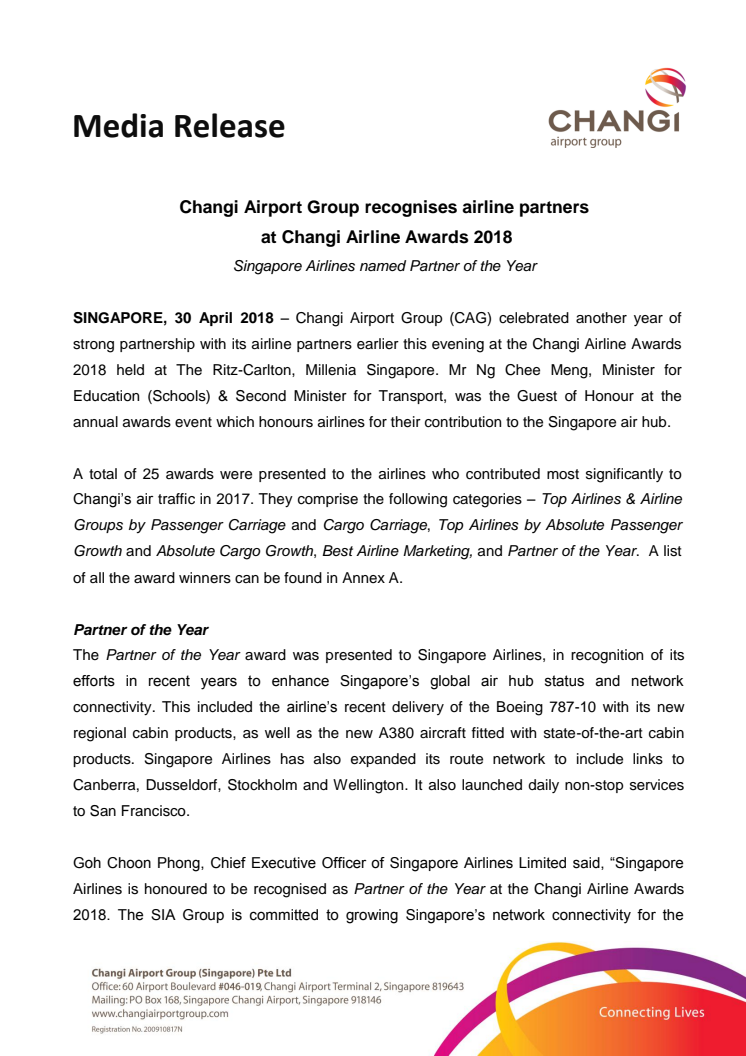 Changi Airport Group recognises airline partners at Changi Airline Awards 2018