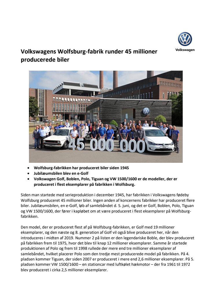 Volkswagens Wolfsburg-fabrik runder 45 millioner producerede biler