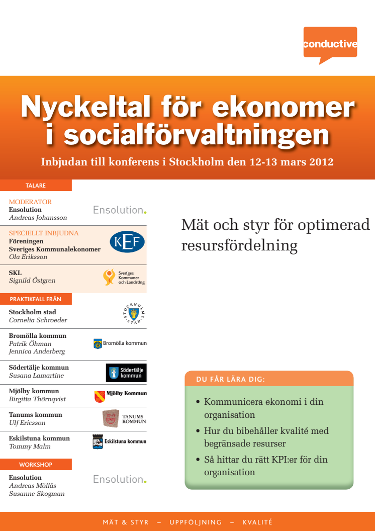 Konferens i Stockholm, Nyckeltal för ekonomer i socialförvaltningen, 12-13 mars 2012