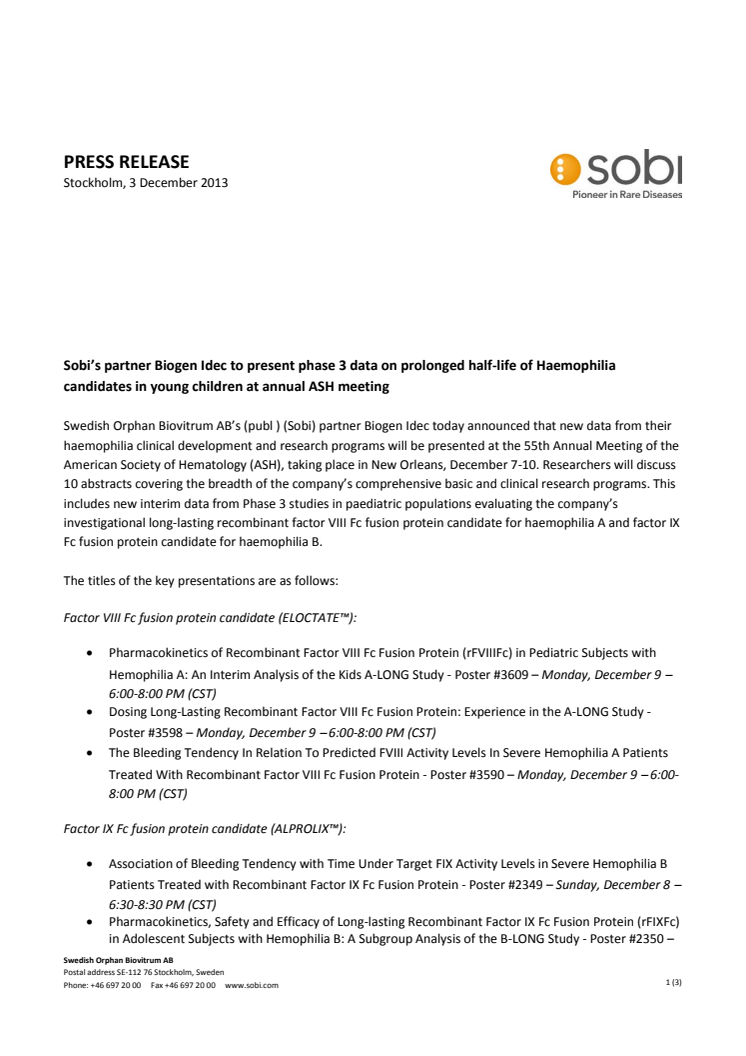 Sobi's partner Biogen Idec to present phase 3 data on prolonged half-life of Haemophilia candidates in young children at annual ASH meeting