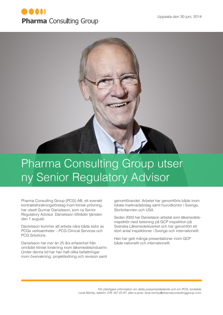 Pharma Consulting Group utser ny Senior Regulatory Advisor