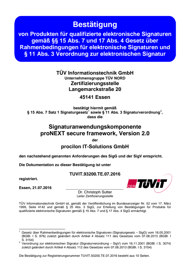 TÜV-IT Zertifikat proNEXT Secure Framework 2.0