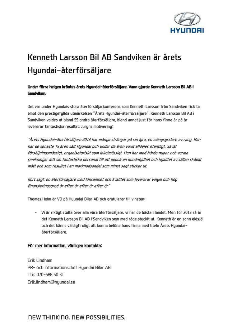 Kenneth Larsson Bil AB Sandviken är årets Hyundai-återförsäljare