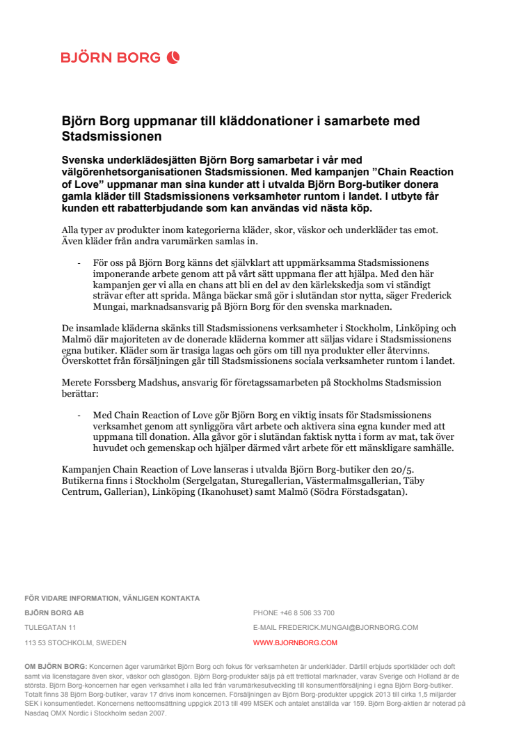 Björn Borg uppmanar till kläddonationer i samarbete med Stadsmissionen