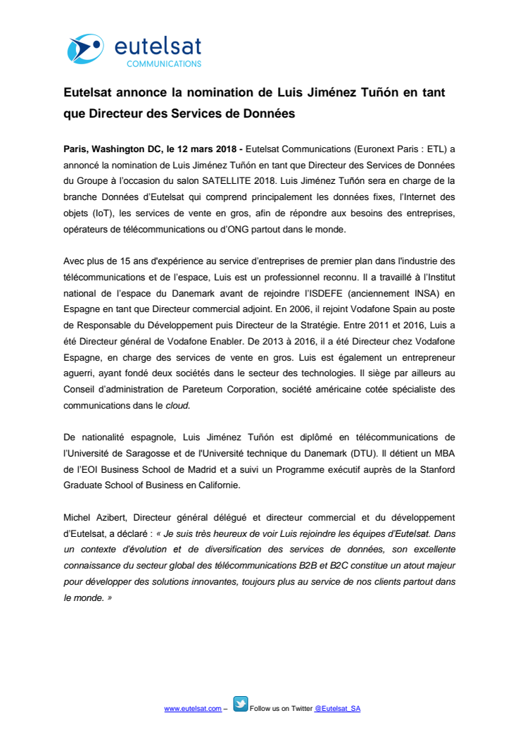 ​Eutelsat annonce la nomination de Luis Jiménez Tuñón en tant que Directeur des Services de Données 