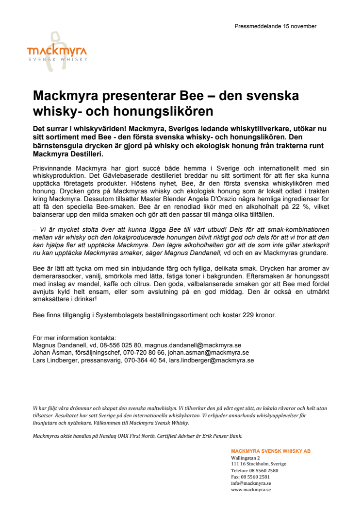 Mackmyra presenterar Bee – den svenska whisky- och honungslikören