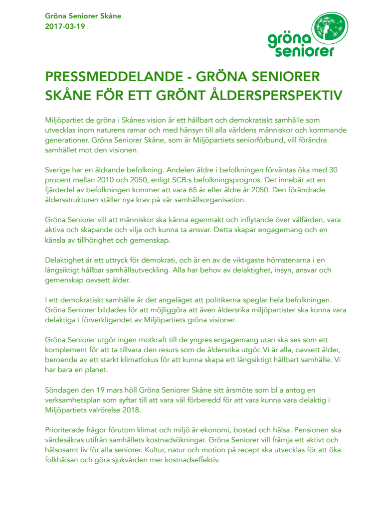 Gröna Seniorer i Skåne för ett grönt åldersperspektiv