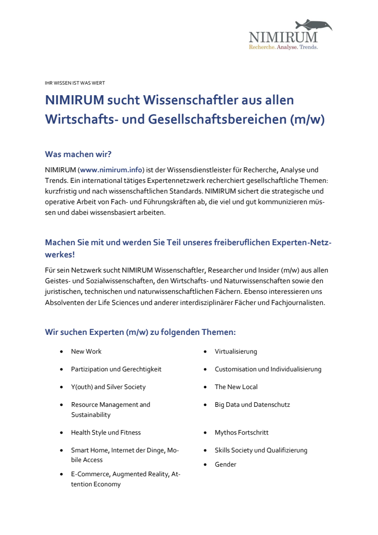 NIMIRUM Ausschreibung Experten