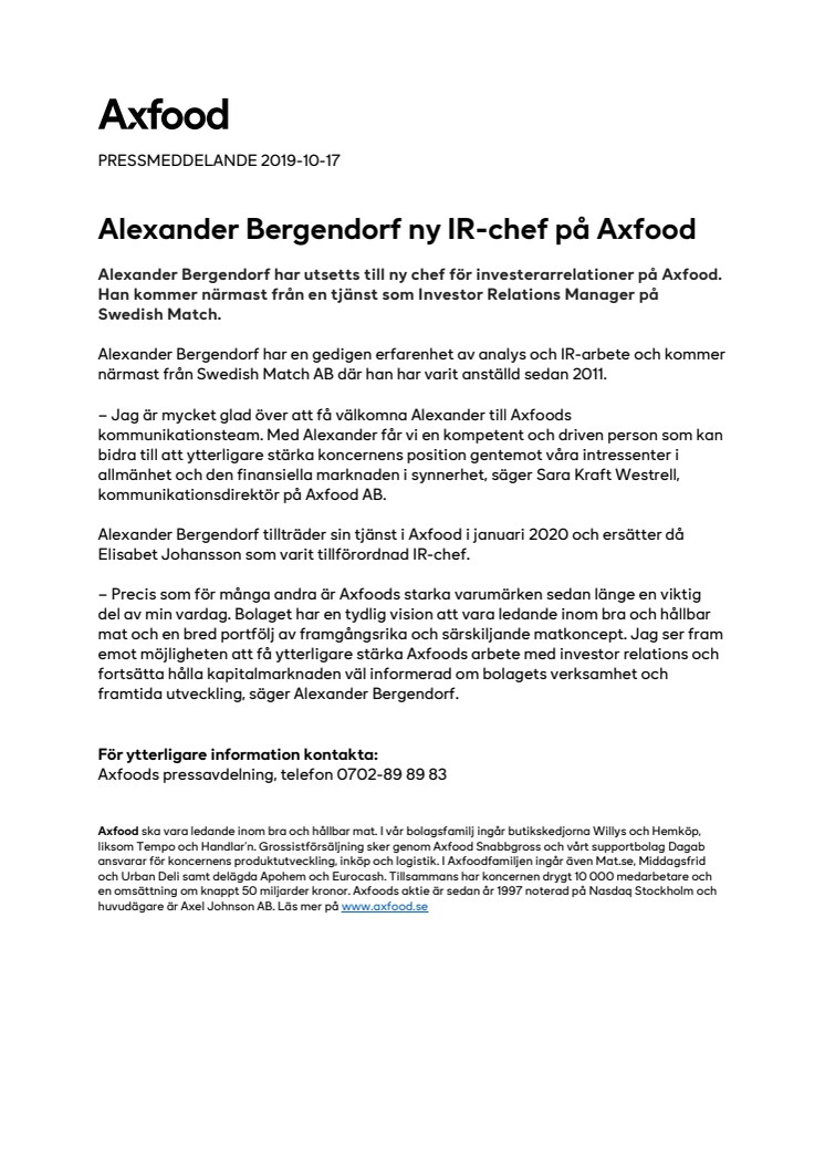 Alexander Bergendorf ny IR-chef på Axfood