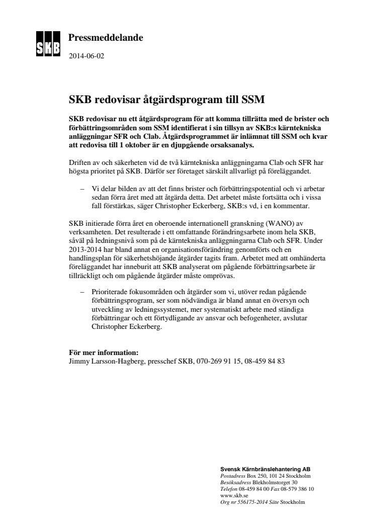 SKB redovisar åtgärdsprogram till SSM