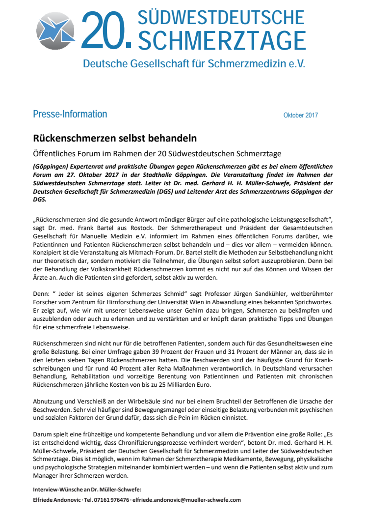 Pressemitteilung zum Patientenforum 2017 anlässlicher der 20. Südwestdeutschen Schmerztage