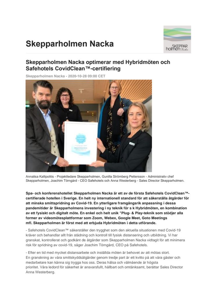 Skepparholmen Nacka optimerar med Hybridmöten och Safehotels CovidClean™-certifiering 