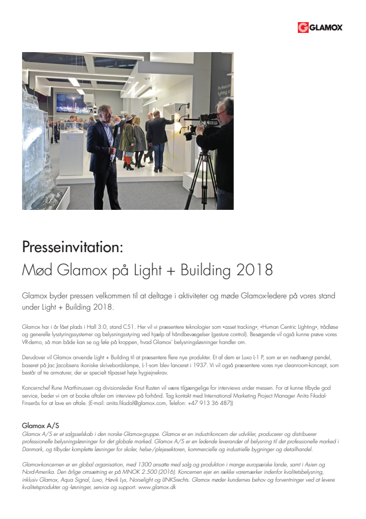Presseinvitation: Mød Glamox på Light + Building 2018