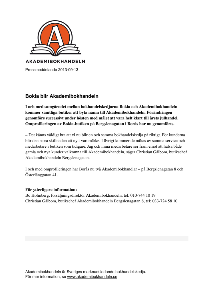 Bokia i Borås blir Akademibokhandeln 