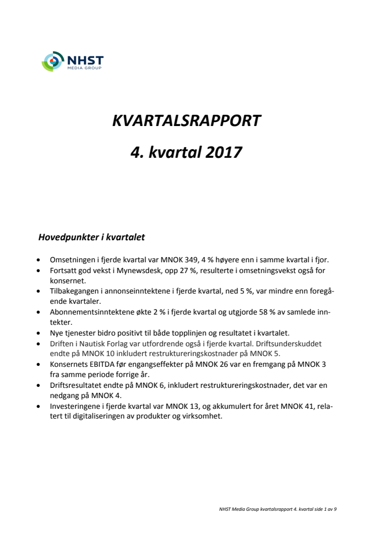 NHST Media Group - Kvartalsrapport 4. kvartal 2017
