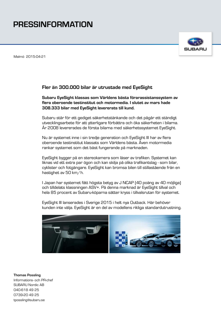 Fler än 300.000 bilar är utrustade med EyeSight
