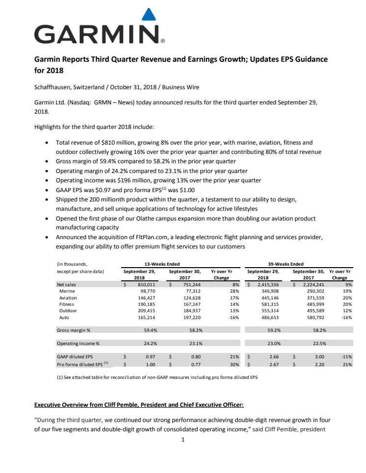 Garmin Reports Third Quarter Revenue and Earnings Growth; Updates EPS Guidance for 2018