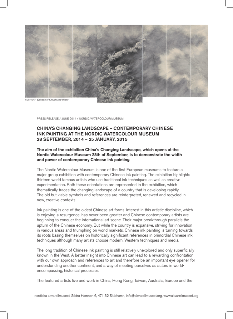 Inbjudan till pressvisning av höstens utställning på Nordiska Akvarellmuseet – Kinas landskap i förändring / 28.9 2014-25.1 2015