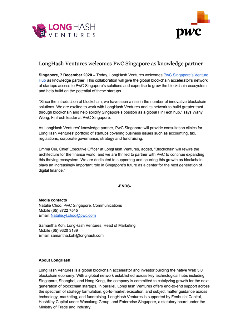 LongHash Ventures welcomes PwC Singapore as knowledge partner