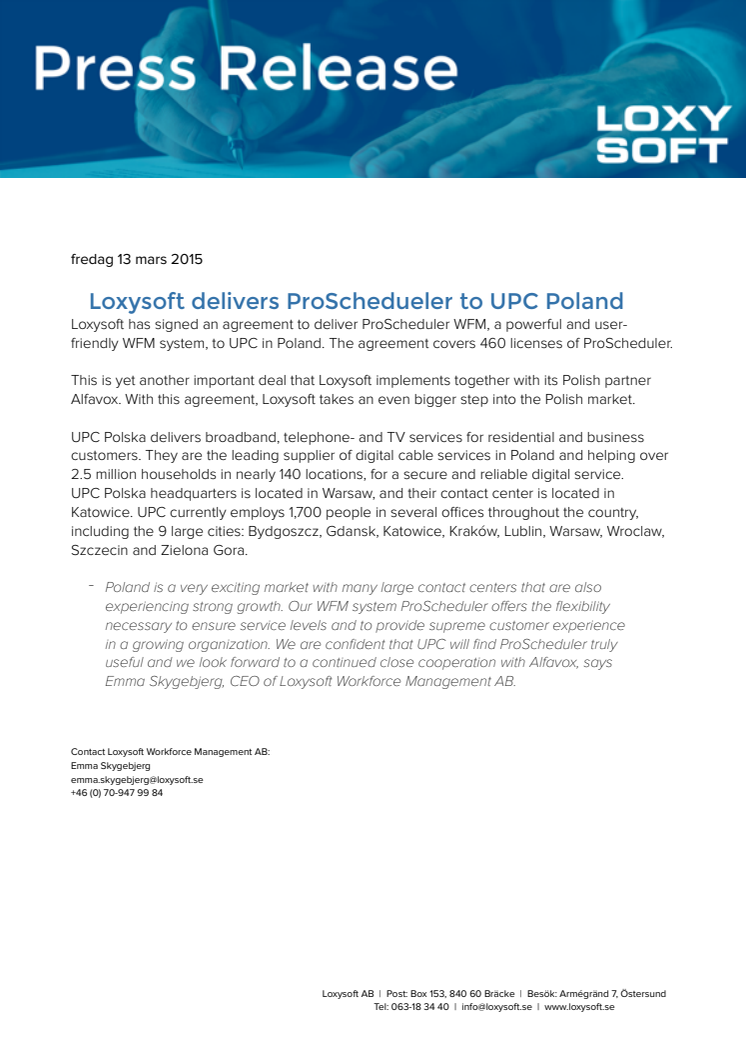 Loxysoft delivers ProScheduler to UPC Poland