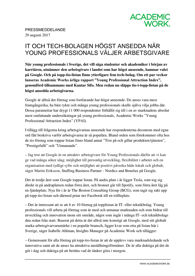 IT- och techbolagen högst ansedda när young professionals väljer arbetsgivare