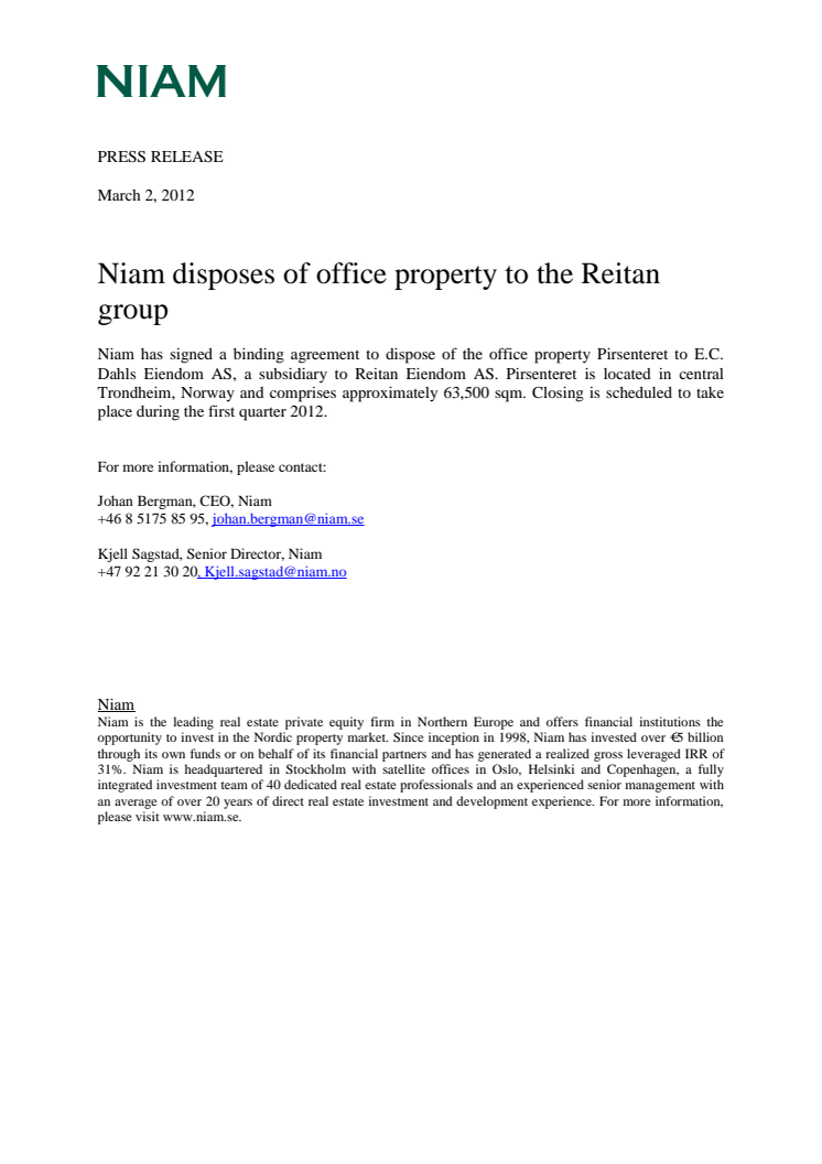 Niam disposes of office property to the Reitan group