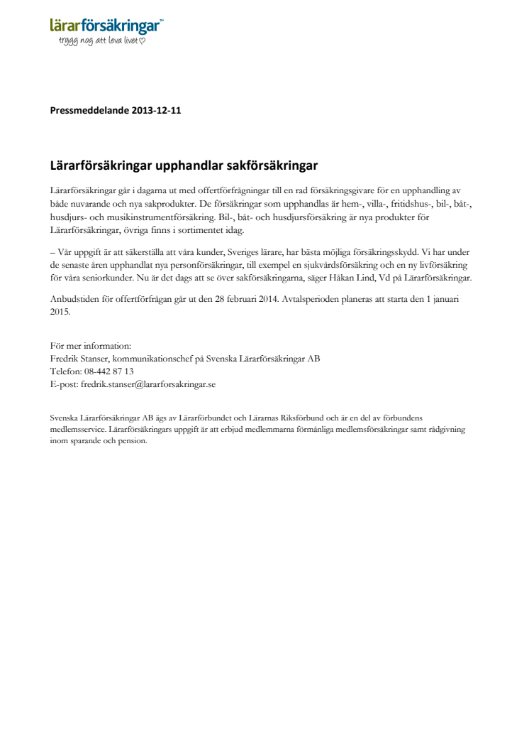 Lärarförsäkringar upphandlar sakförsäkringar