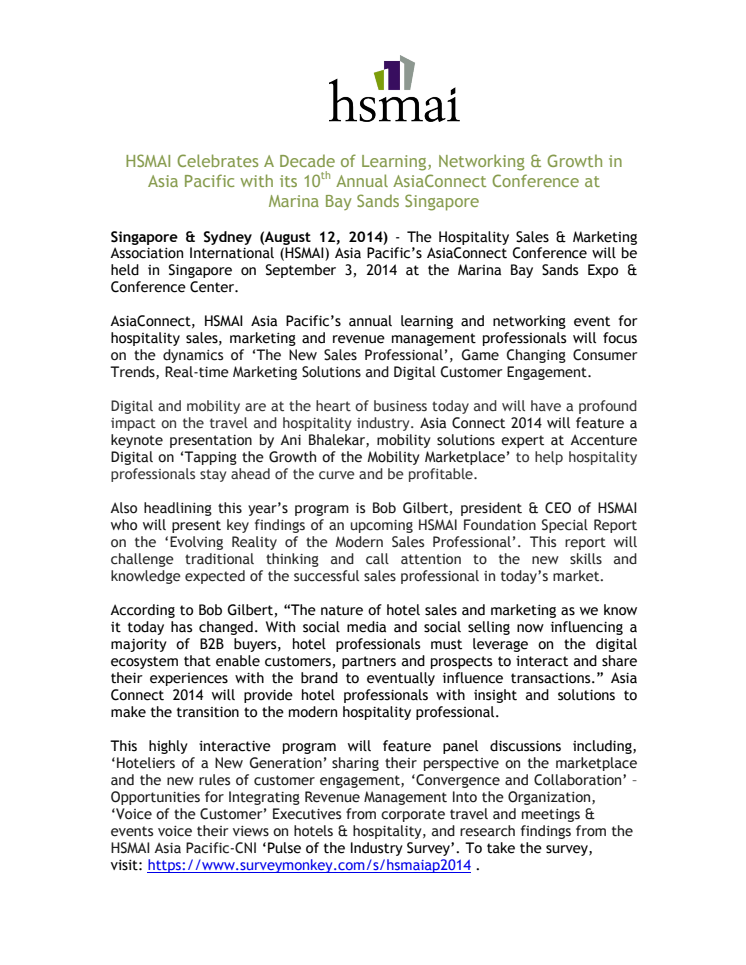 HSMAI Celebrates A Decade of Learning, Networking & Growth in Asia Pacific with its 10th Annual AsiaConnect Conference at  Marina Bay Sands Singapore 