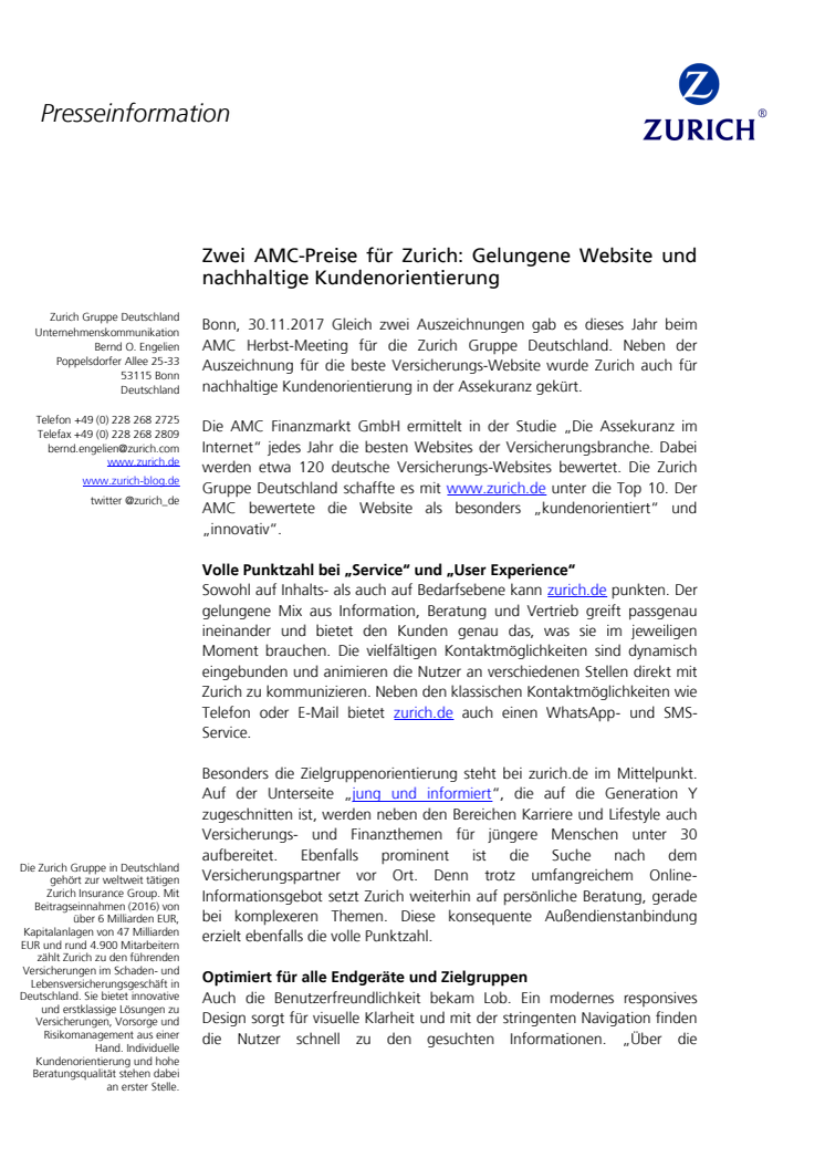 Zwei AMC-Preise für Zurich: Gelungene Website und nachhaltige Kundenorientierung