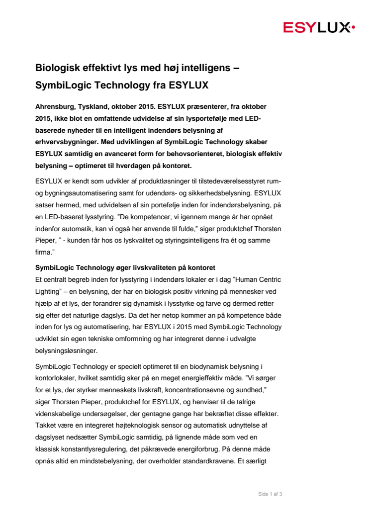 Biologisk effektivt lys med høj intelligens – SymbiLogic Technology fra ESYLUX
