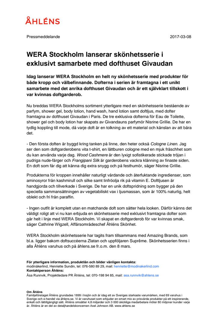 WERA Stockholm lanserar skönhetsserie i exklusivt samarbete med dofthuset Givaudan 