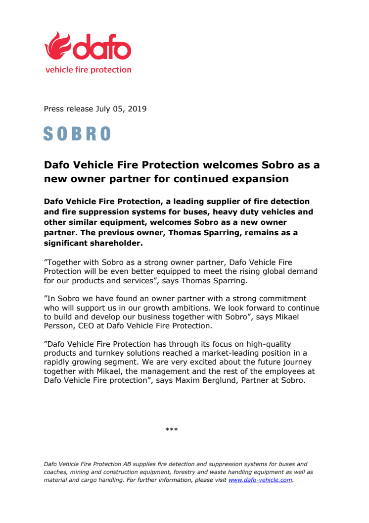 Dafo Vehicle Fire Protection welcomes Sobro as a new owner partner for continued expansion