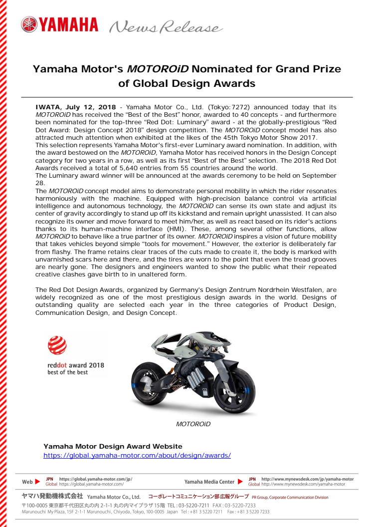 Yamaha Motor's MOTOROiD Nominated for Grand Prize of Global Design Awards