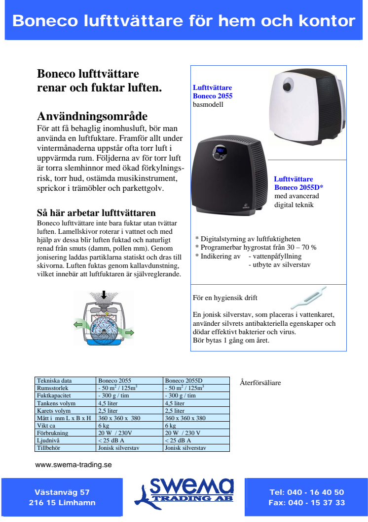 Lufttvättare Air-O-Swiss / Boneco 2055D / W2055A produktblad