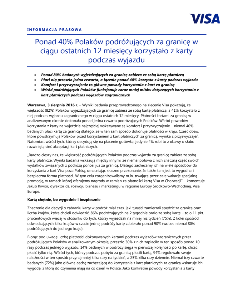 Ponad 40% Polaków podróżujących za granicę w ciągu ostatnich 12 miesięcy korzystało z karty podczas wyjazdu 