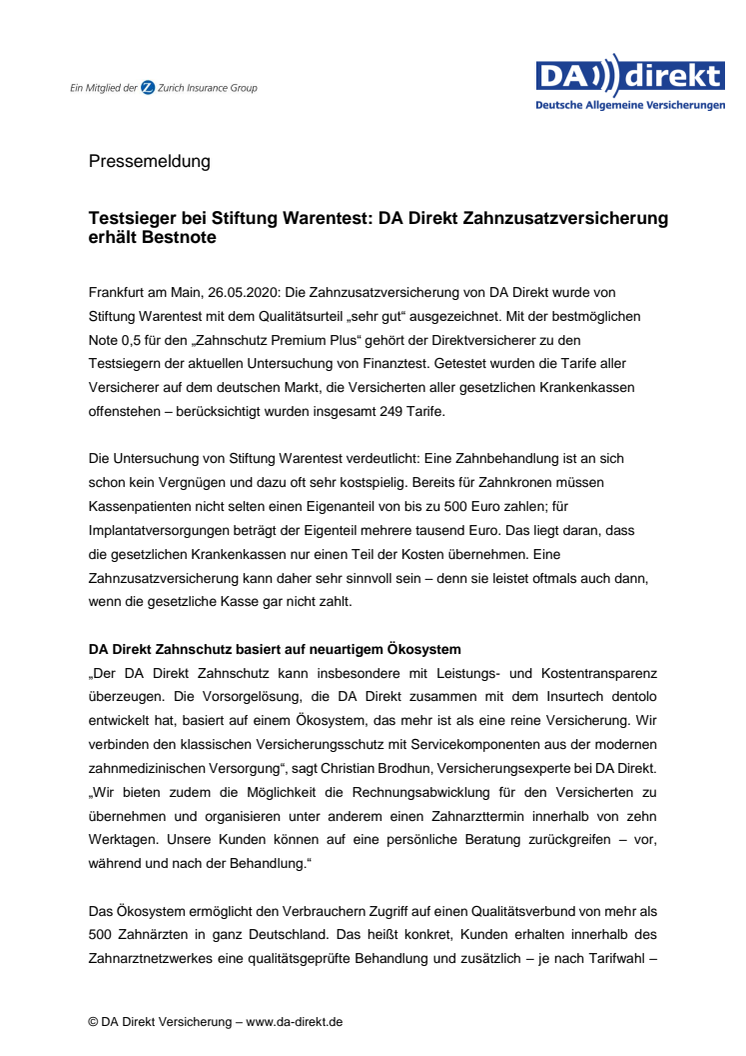 Testsieger bei Stiftung Warentest: DA Direkt Zahnzusatzversicherung erhält Bestnote