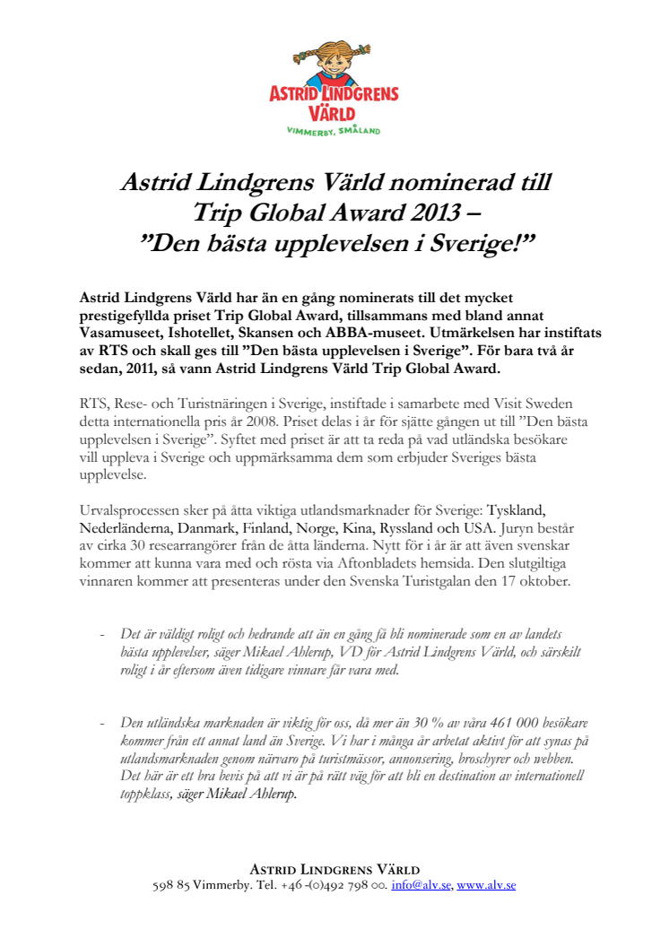 Astrid Lindgrens Värld nominerad till Trip Global Award 2013 – ”Den bästa upplevelsen i Sverige!”