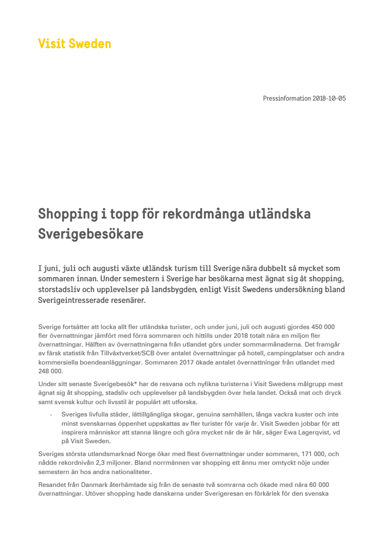 Shopping i topp för rekordmånga utländska Sverigebesökare 