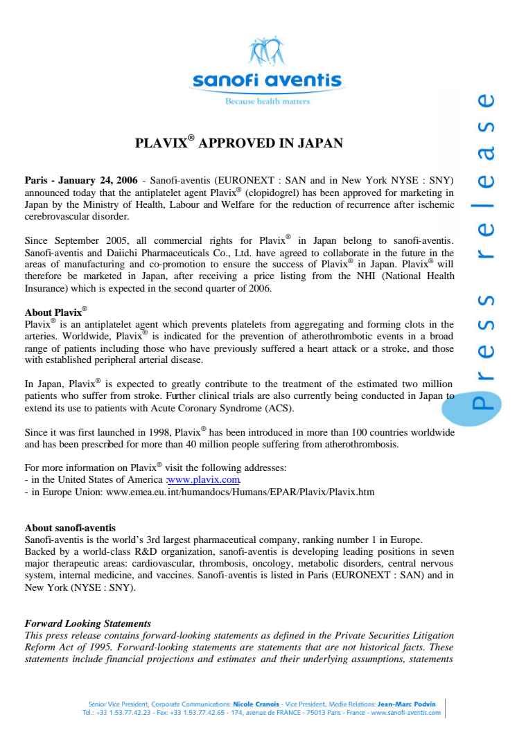 PLAVIX® APPROVED IN JAPAN