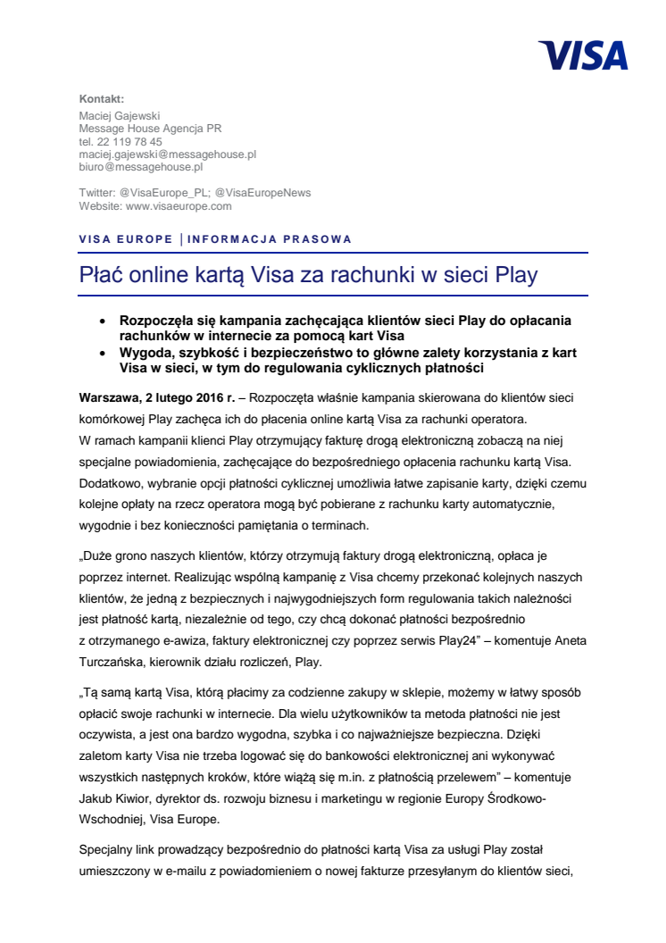 Płać online kartą Visa za rachunki w sieci Play