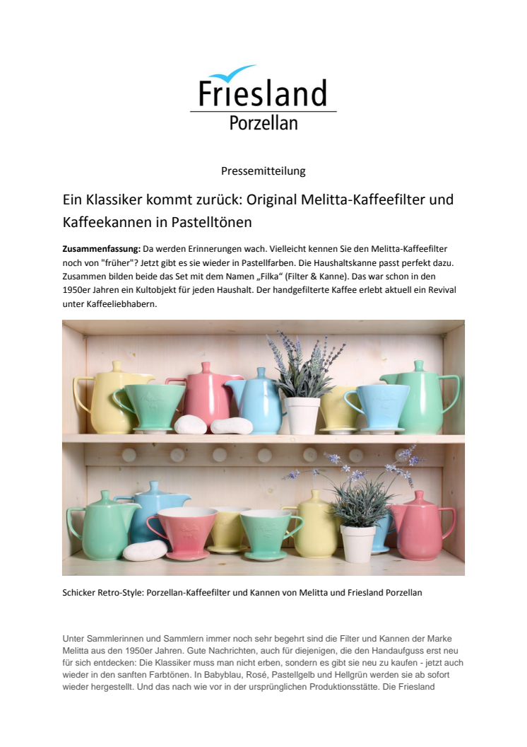 Ein Klassiker kommt zurück: Original Melitta-Kaffeefilter und Kaffeekannen in Pastelltönen