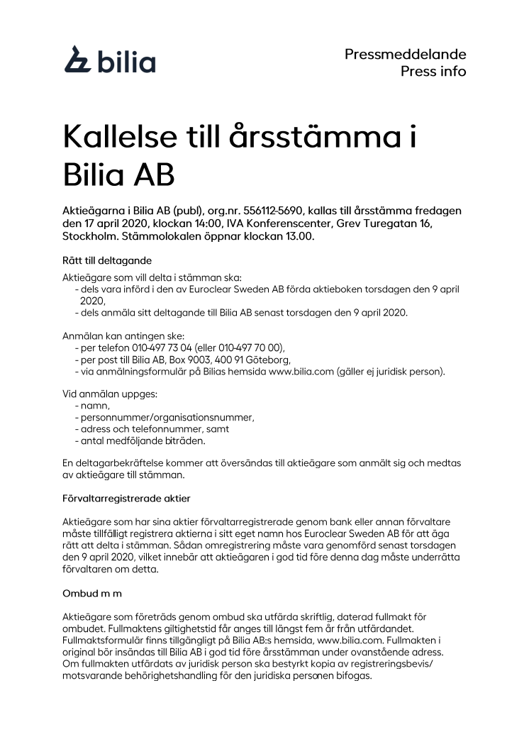 Kallelse till årsstämma i Bilia AB