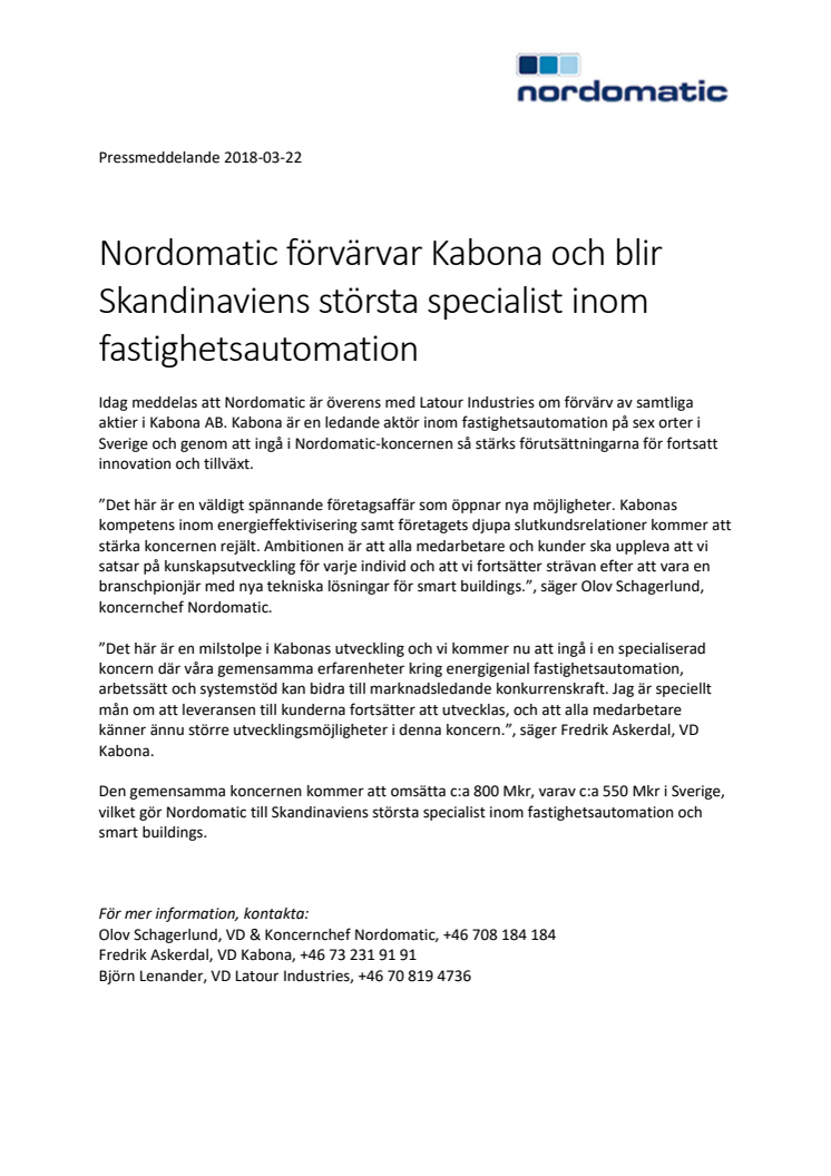 Nordomatic förvärvar Kabona och blir Skandinaviens största specialist inom fastighetsautomation 