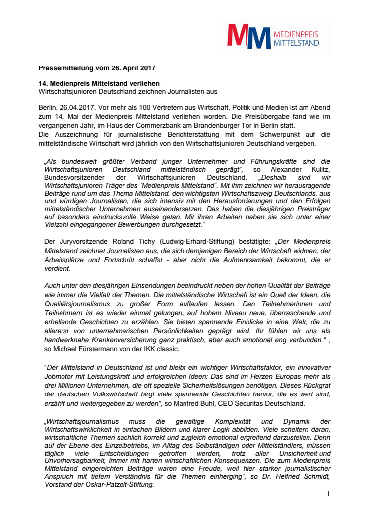  14. Medienpreis Mittelstand - Preisverleihung am Brandenburger Tor