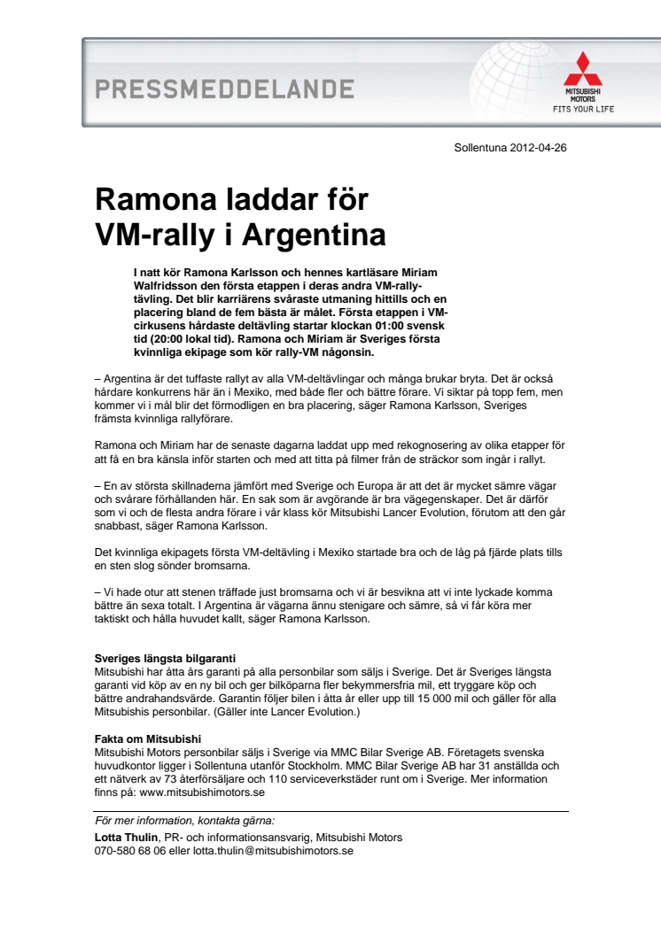 Ramona laddar för VM-rally i Argentina 